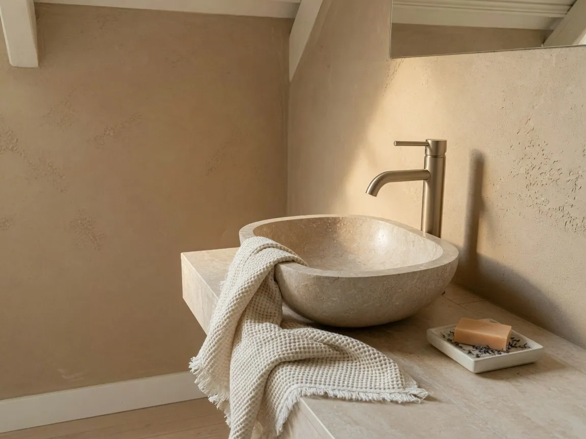 Detail van een beige badkamer met travertinlook waskom, goudkleurige kraan en crèmekleurige handdoek