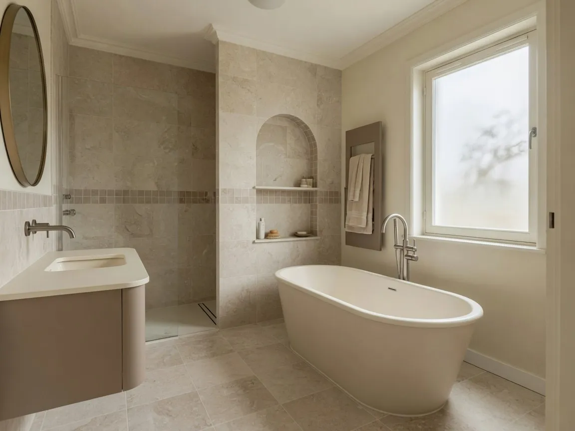 Beige badkamer met vrijstaand ovaal bad, kalksteenlook tegels en een ronde nis