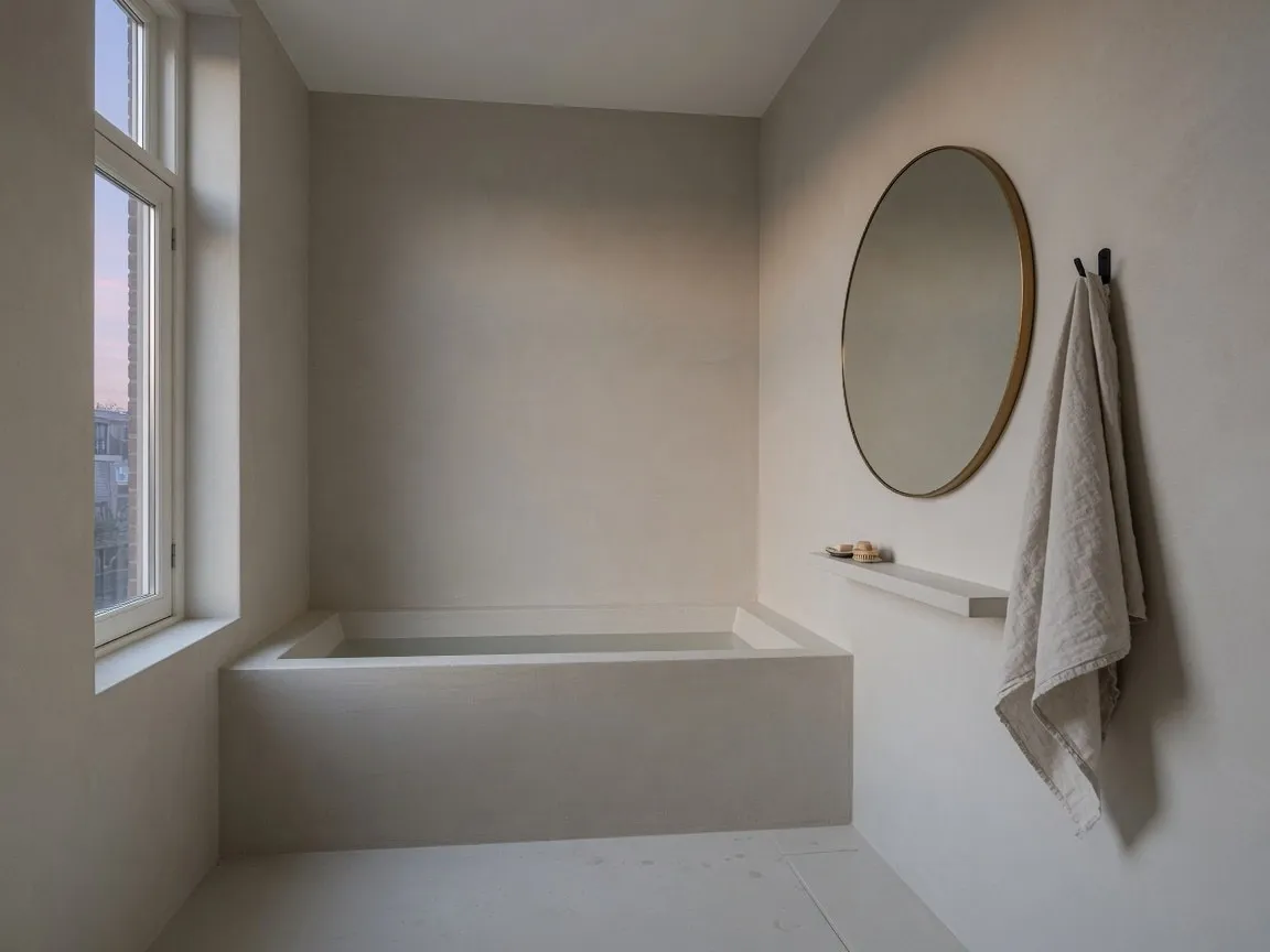 Minimalistische badkamer met bad en wanden in lichte naadloze microcement en een ronde spiegel