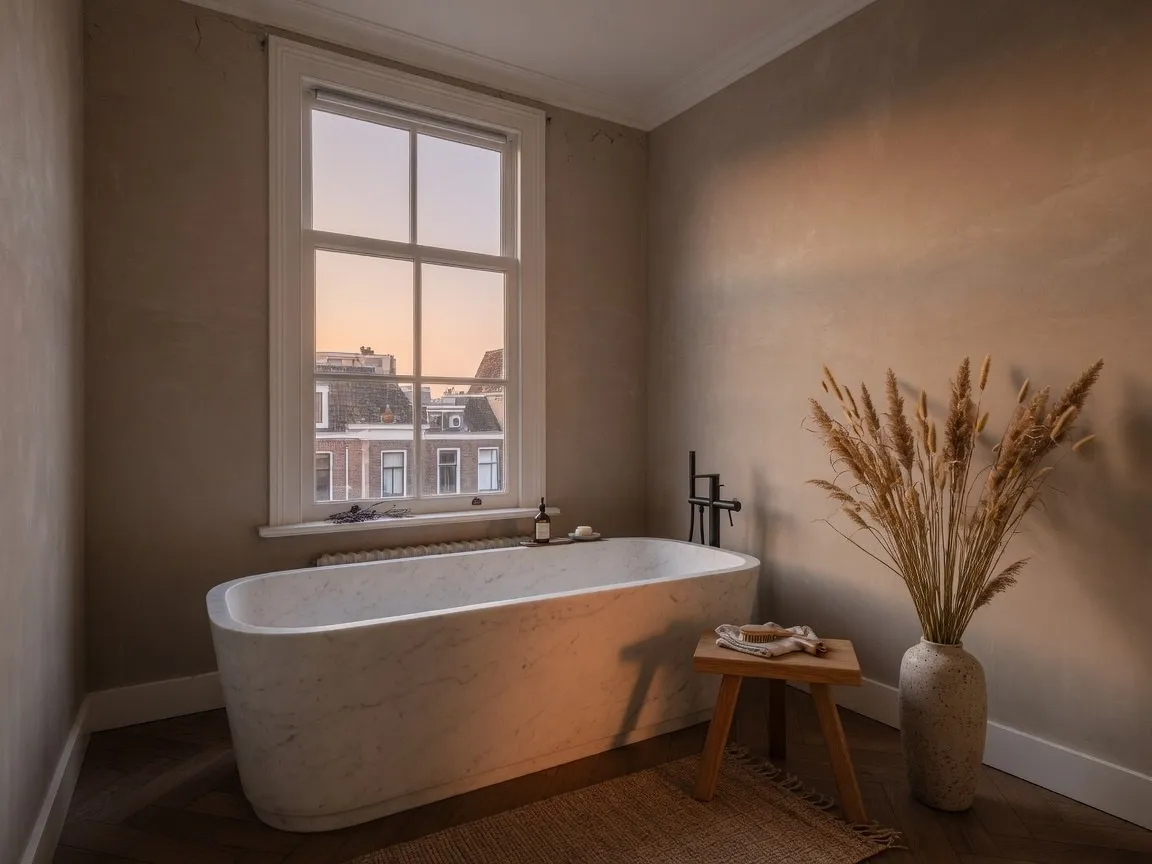 Japandi badkamer met vrijstaand bad, warme grijsbeige wanden en een houten krukje