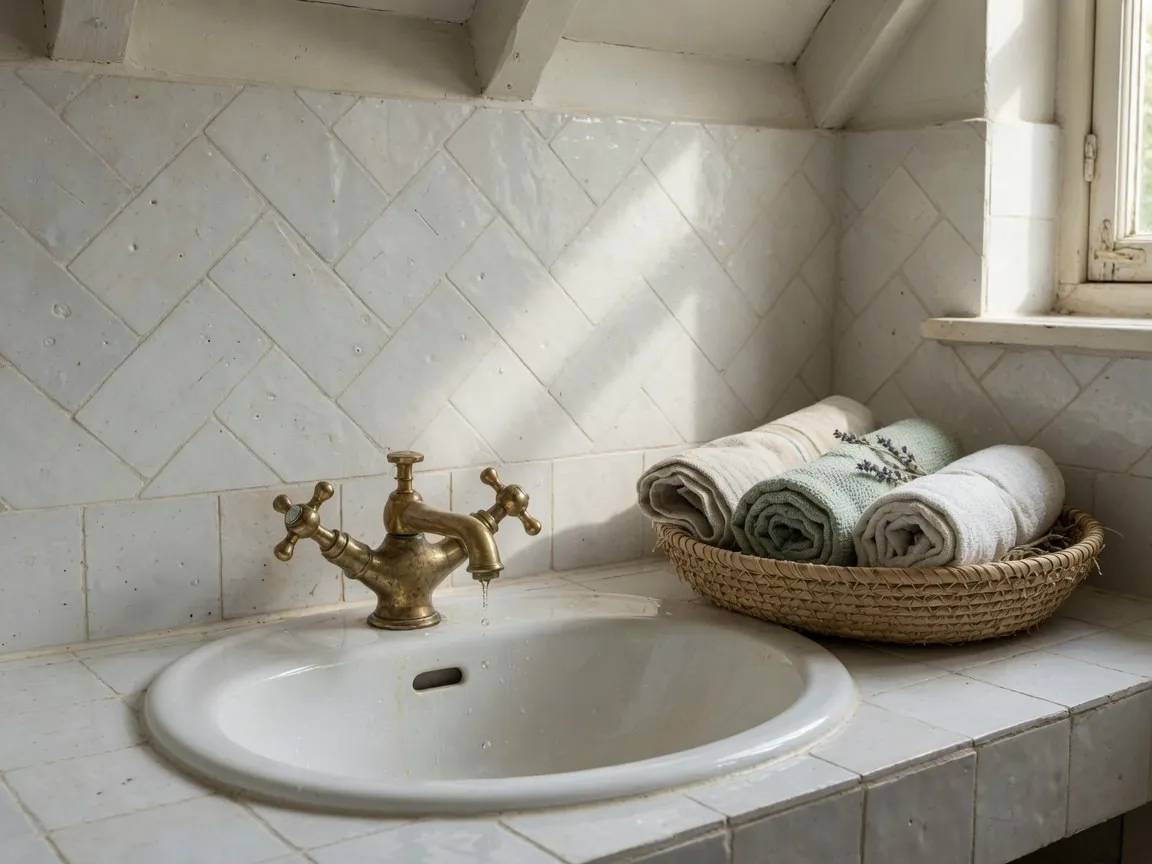 Detail van een landelijke badkamer met messing kraan, handgemaakte zelligetegels en rieten mand