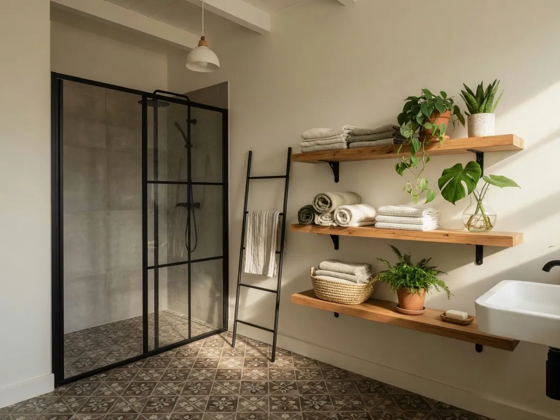 Landelijk moderne badkamer met zwart stalen douchewand, patroontegels en eiken planken