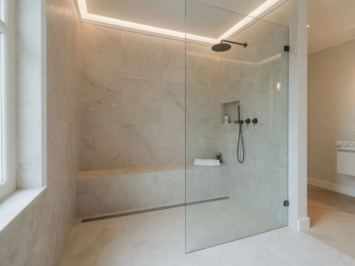 Ruime luxe inloopdouche met glazen wand, marmerlook tegels tot het plafond en een zitbank