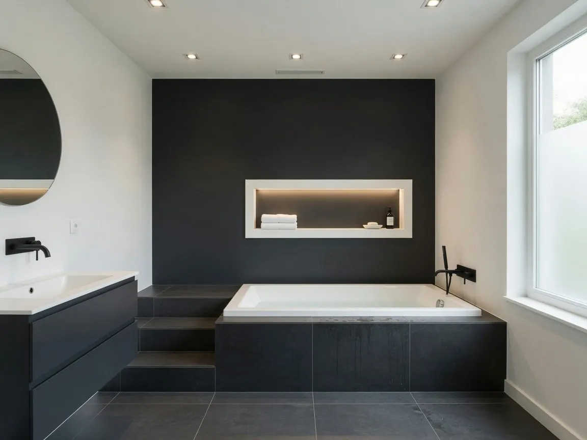 Moderne badkamer in antraciet en wit met ingebouwd bad en verlichte nis