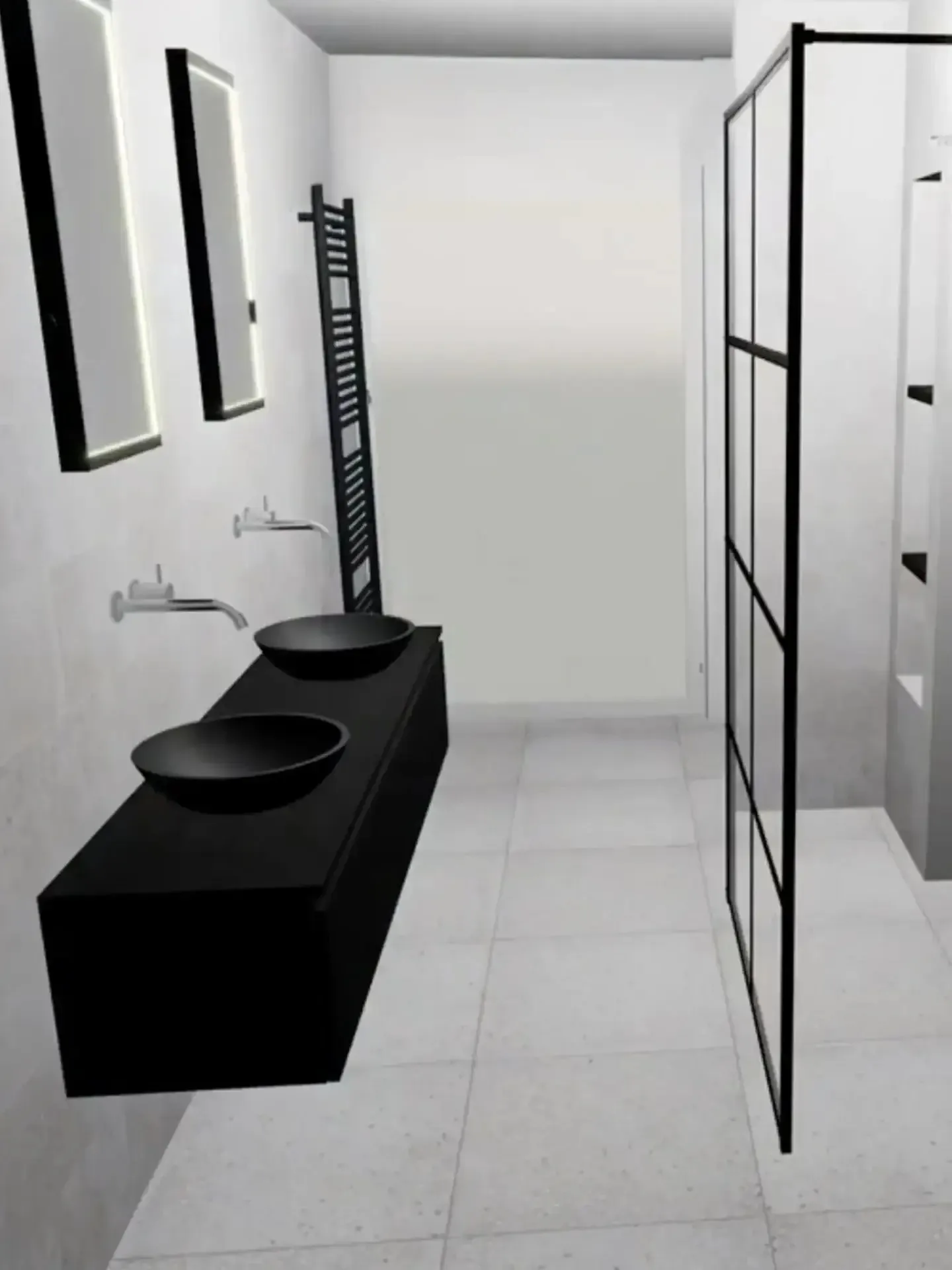 3D-ontwerp van een badkamer met zwart wastafelmeubel en douchewand